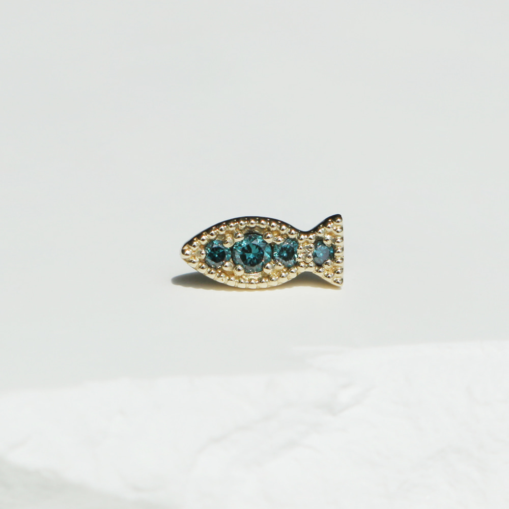 14K 골드 행운 물고기 블루 다이아몬드 피어싱(6mm) 귀걸이