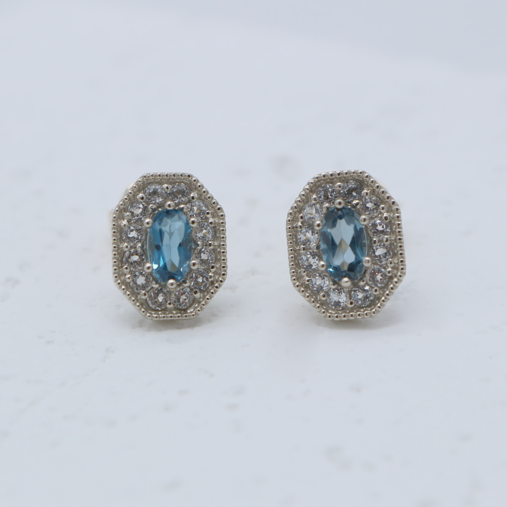 14K 팔각형모양 런던블루 토파즈 &amp; 다이아몬드 귀걸이